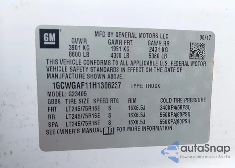 2017 Chevrolet Express 2500 Work Van из США, поврежденный, VIN 1GCWGAF11H1306237